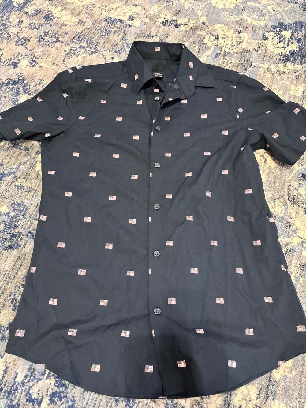 H&M US M 15 3/4 Flag Print Slim Fit Short Sleeve Shirt